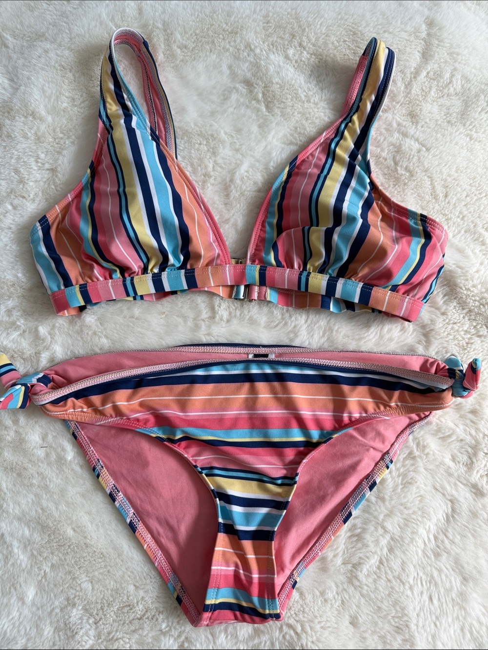 Splendid Juicy Fruit Stripe 2 pc Swimsuit Bikini Top & Side Tie Bottom L Large